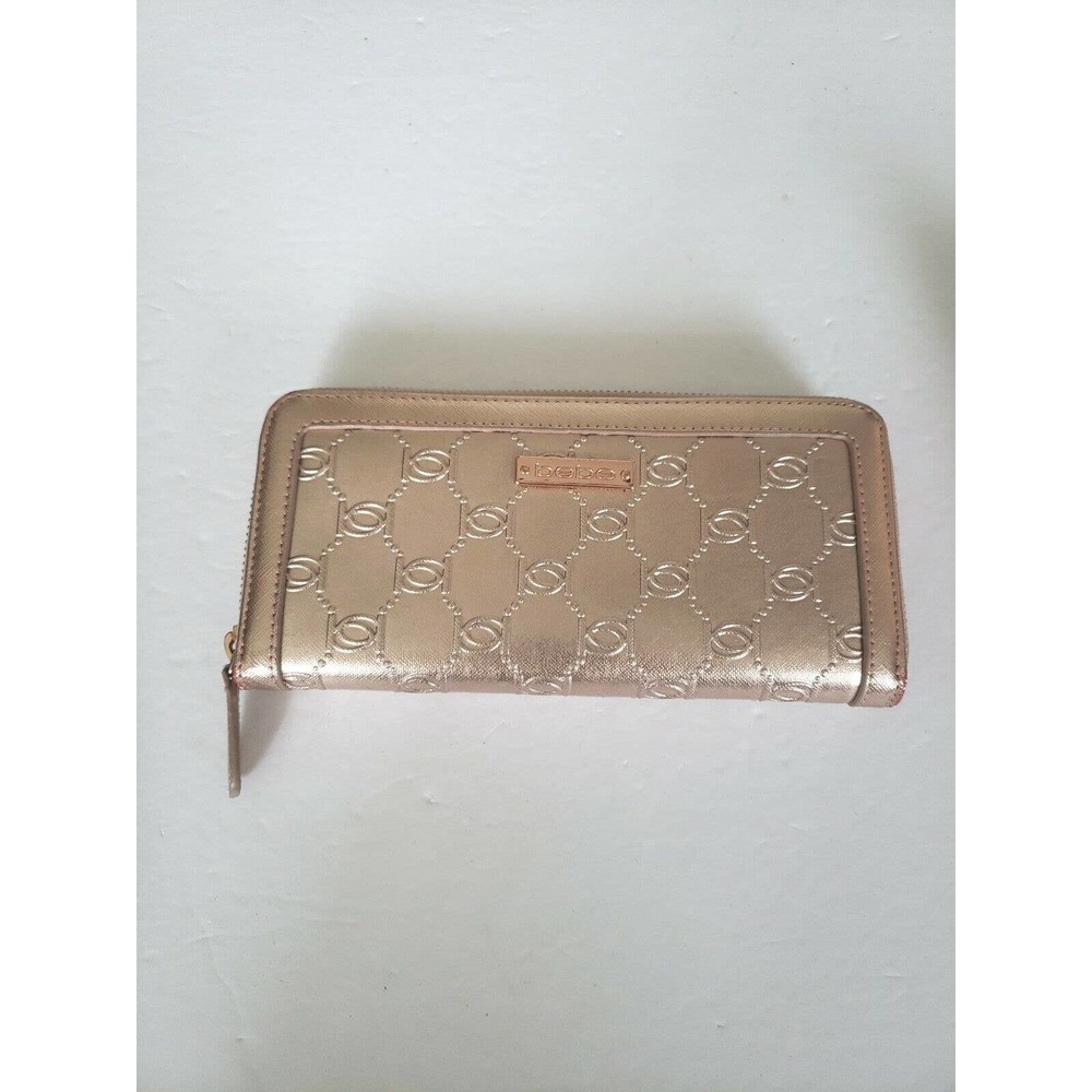 BEBE Rose Gold Signature Zip Around Clutch Wallet Continental Large Long Metalic - Picture 1 of 9